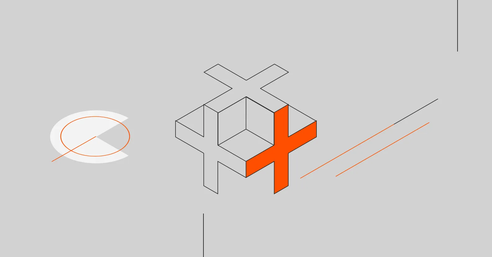 Isometric illustration of a 3D cube with orange X symbol highlighted on right face, alongside geometric line elements.