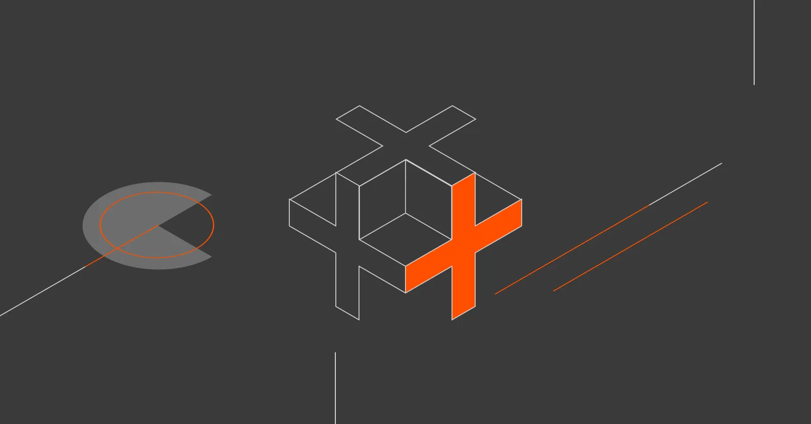 Isometric 3D geometric design with an orange X-shaped form and a circled prohibition symbol on a dark gray background.