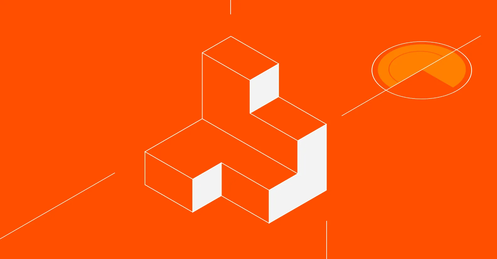 Isometric 3D illustration of stacked orange and white cubes on a vibrant orange background with geometric elements.