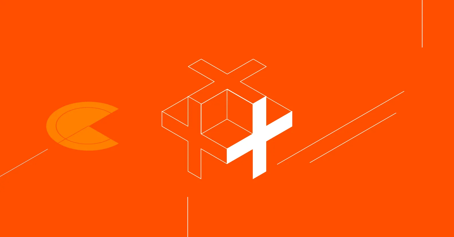 Orange background with an eye logo on the left and a geometric 3D cross symbol on the right in white outline style.