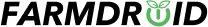 FarmDroid logo with green leaf icon replacing the 'o' in Droid
