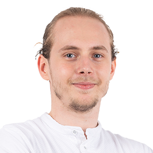 Professional headshot of a man with light brown hair wearing a white shirt against a white background.