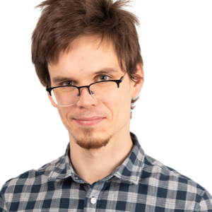 A young man with dark hair and glasses wearing a blue plaid shirt, smiling at the camera against a white background.