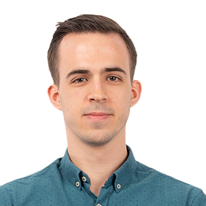 Headshot of a young man with brown hair wearing a teal button-up shirt against a white background.