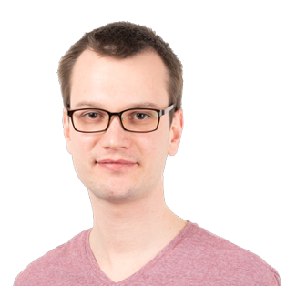 Headshot of a young man wearing glasses and a pink v-neck shirt against a white background