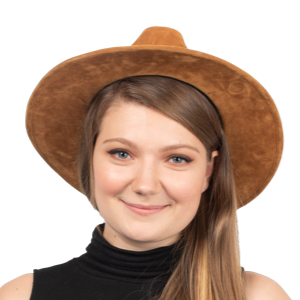 Young girl wearing a brown suede cowboy hat and black turtleneck, smiling at camera against white background.