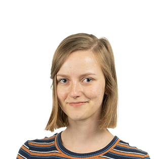 Portrait photograph of a young woman with shoulder-length blonde hair wearing a striped blue and orange shirt against a white background.
