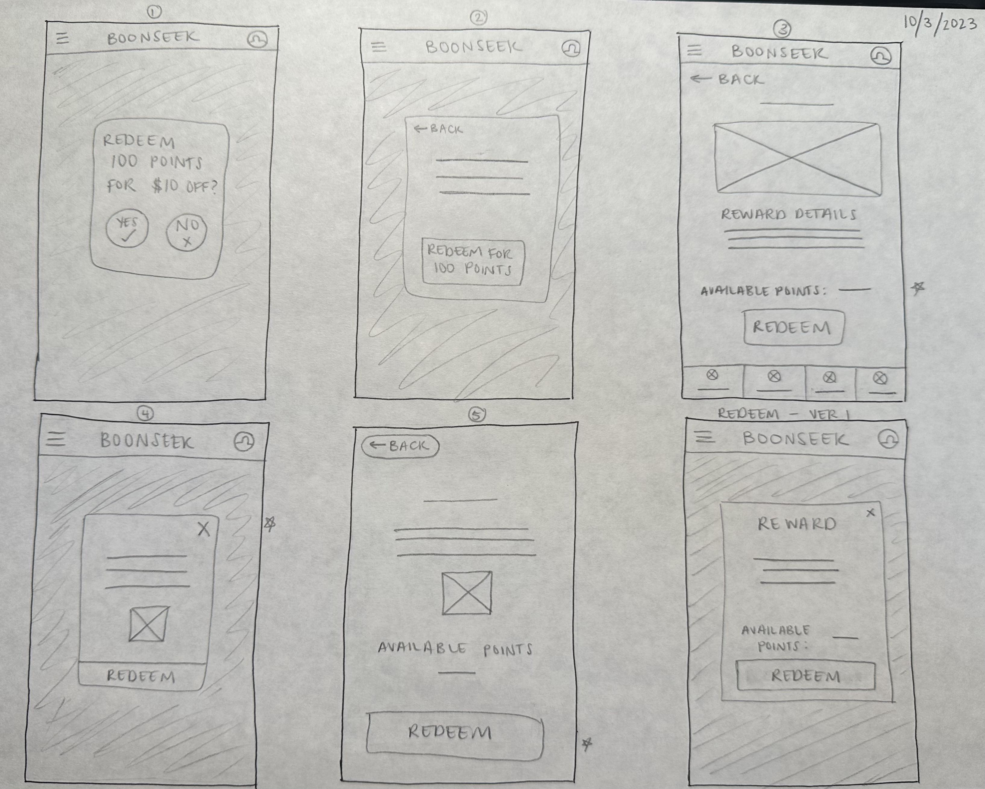 Redeem offer screen rapid prototype sketches