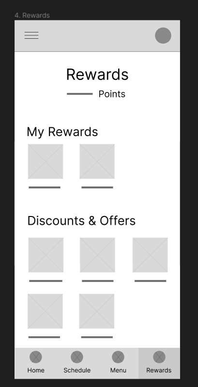 Rewards screen wireframe before usability test
