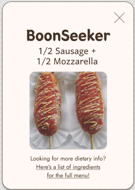 Menu item card mockup before usability test