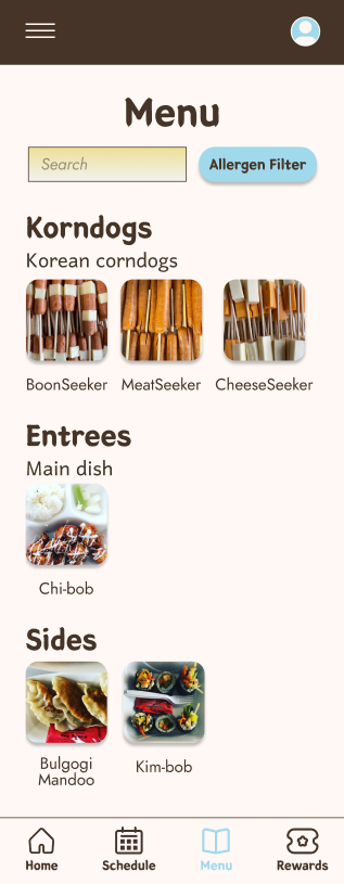 Menu screen mockup before usability test