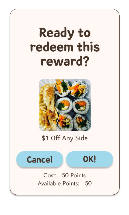 Reward redemption confirmation screen mockup