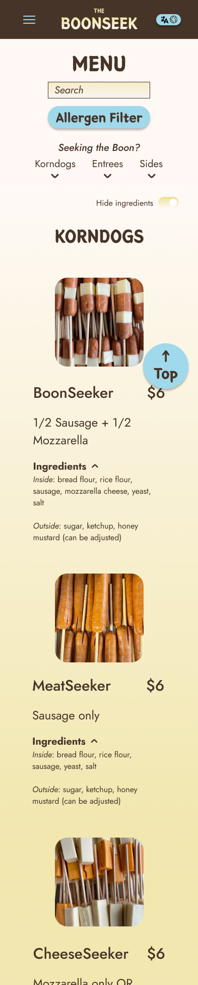 Menu screen mockup - top half of screen