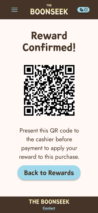 Reward QR code screen mockup