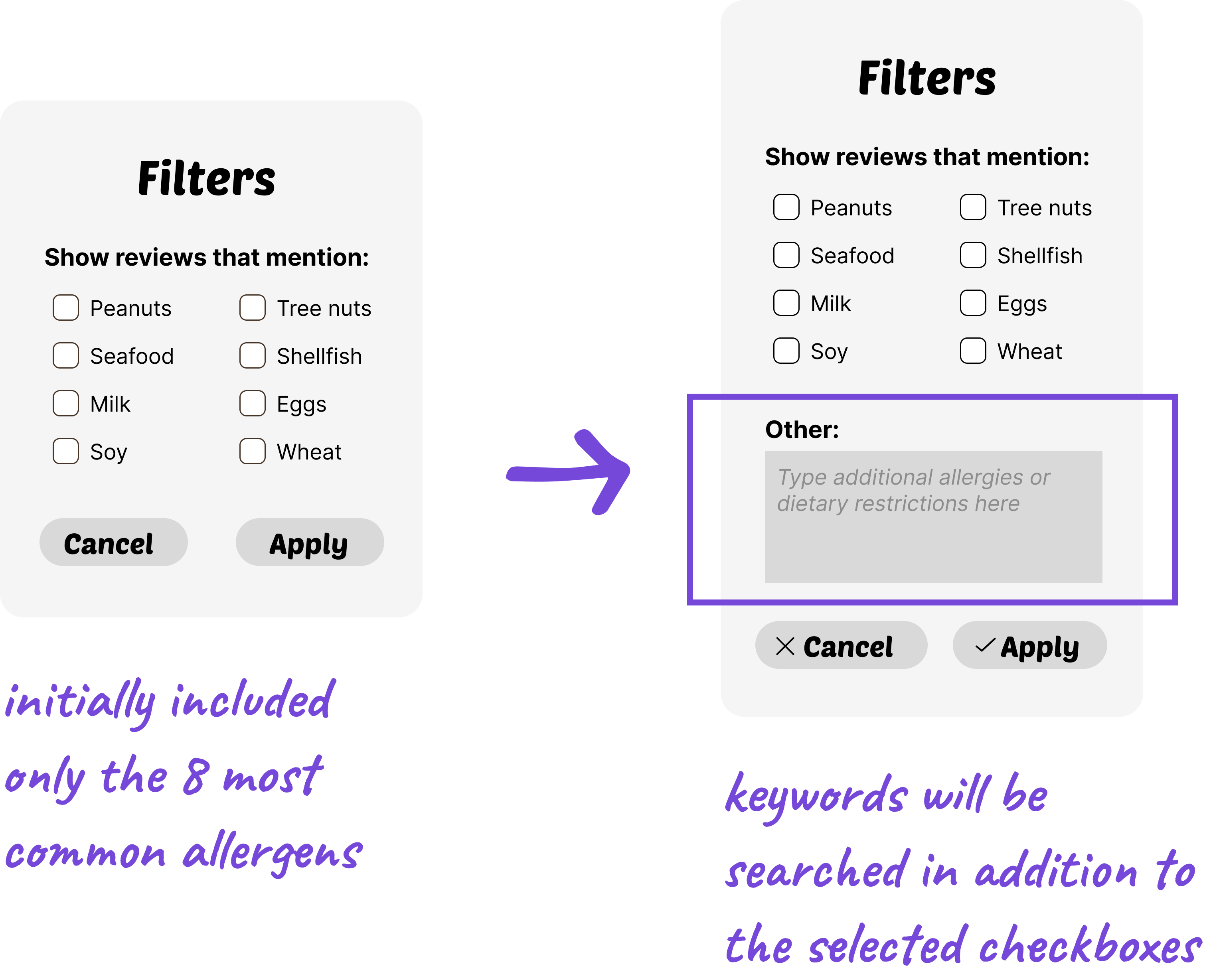 Showing the change on the reviews filter after the usability study