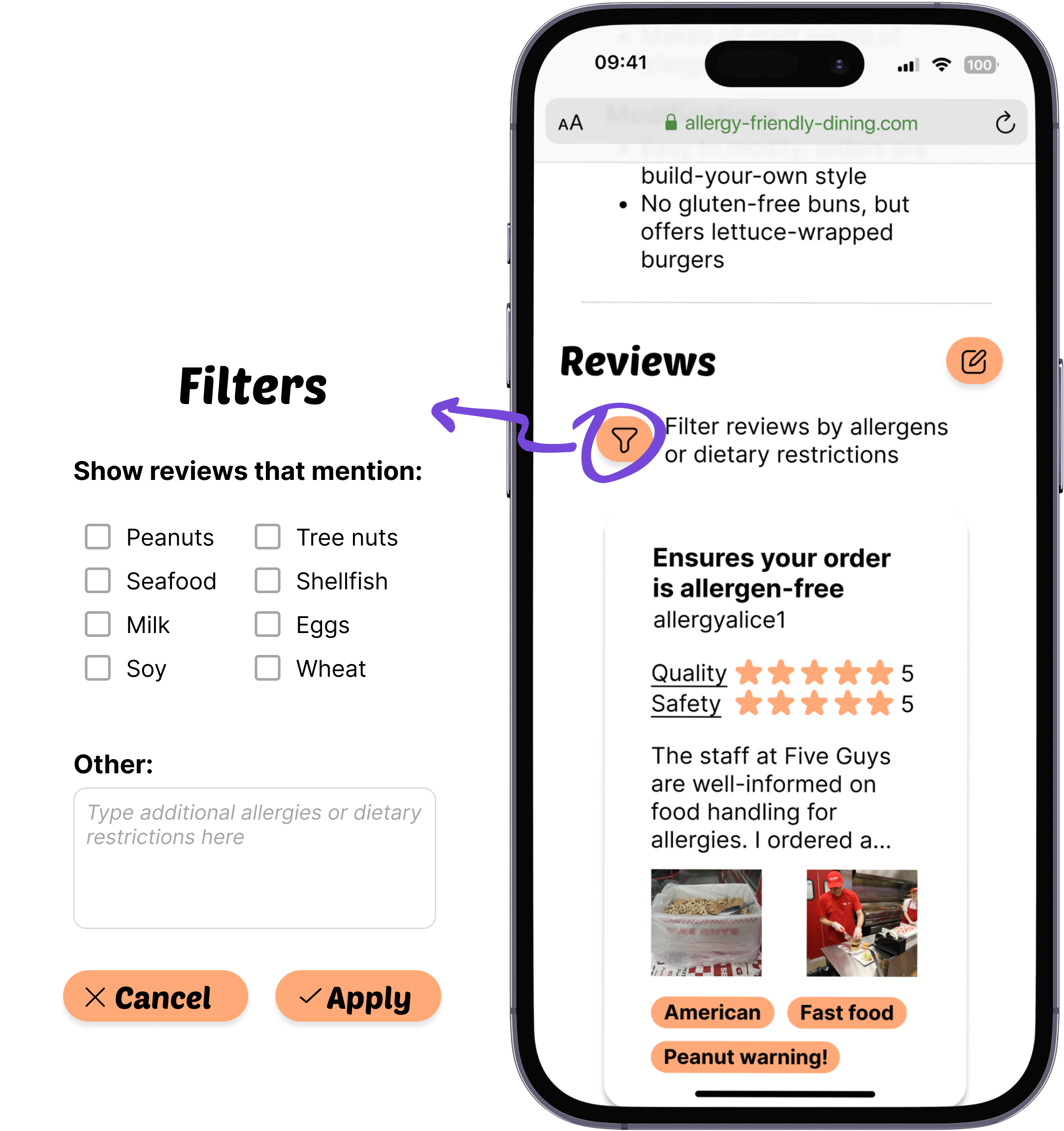 Arrow pointing from AFD business reviews section filter button to zoomed-in filter overlay