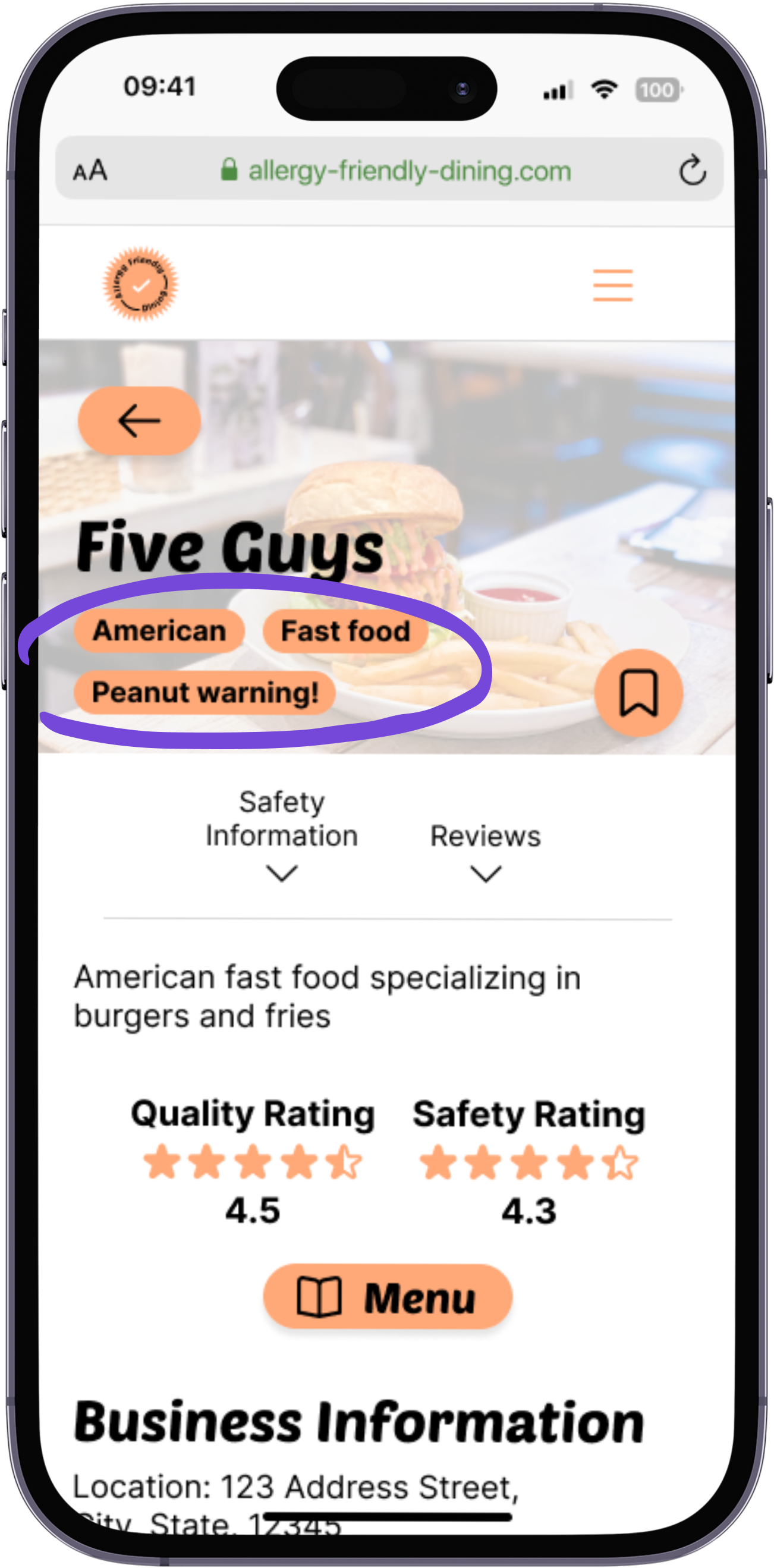 AFD business page labels emphasized by a circle annotation