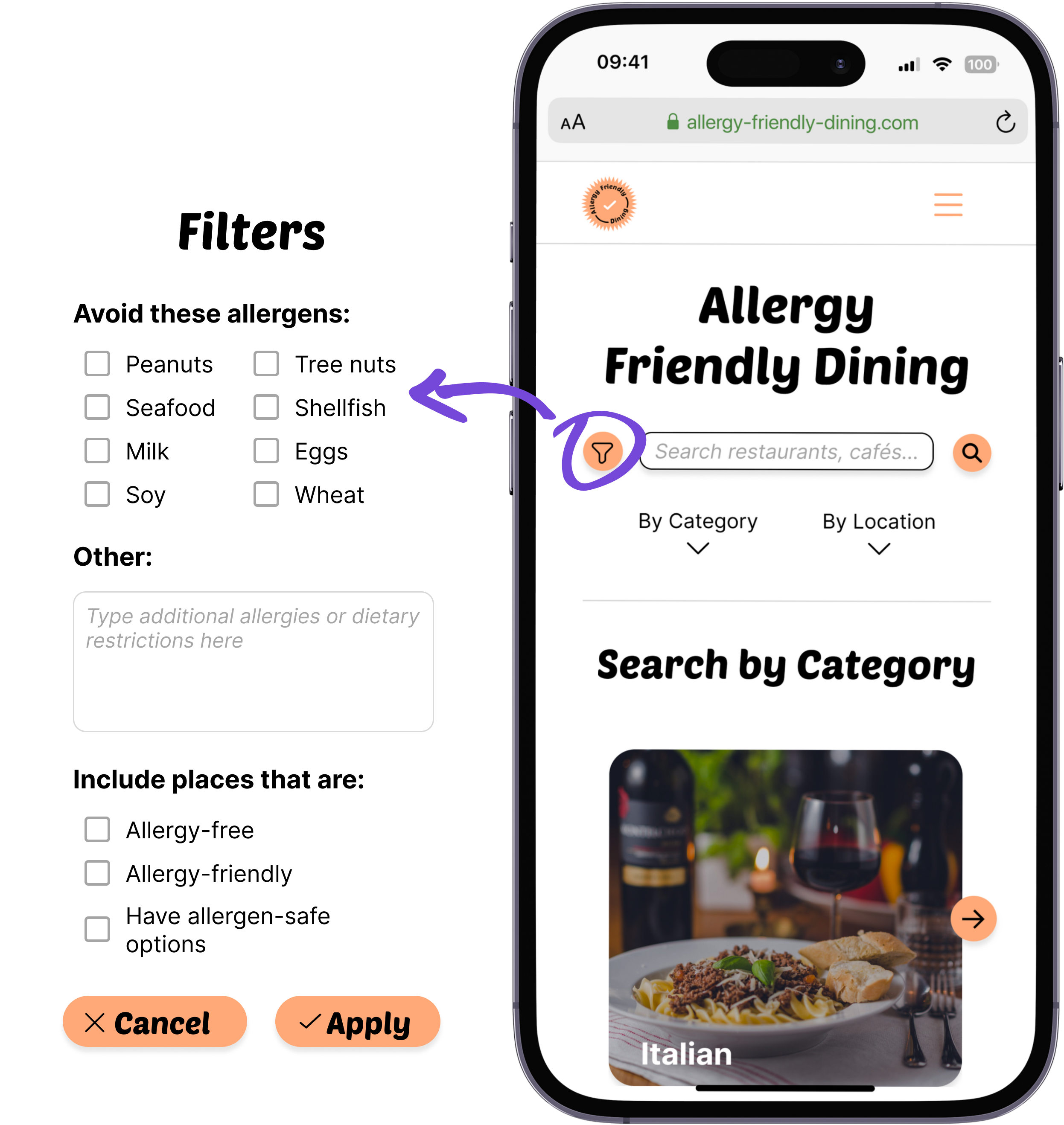 Arrow pointing from the AFD home screen search filter button to the zoomed-in filter overlay