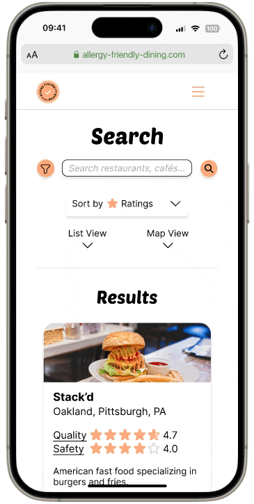 GIF of search results screen, showing search filter and sort by ratings dropdown menu functions