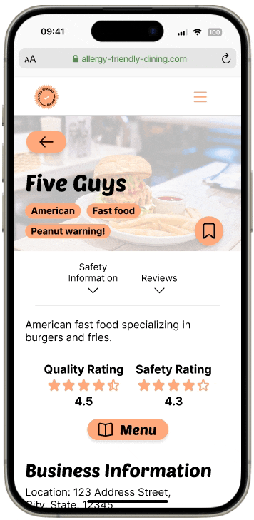 GIF of business screen, showing tags, quality and safety ratings, the safety info section, and the reviews filter functions