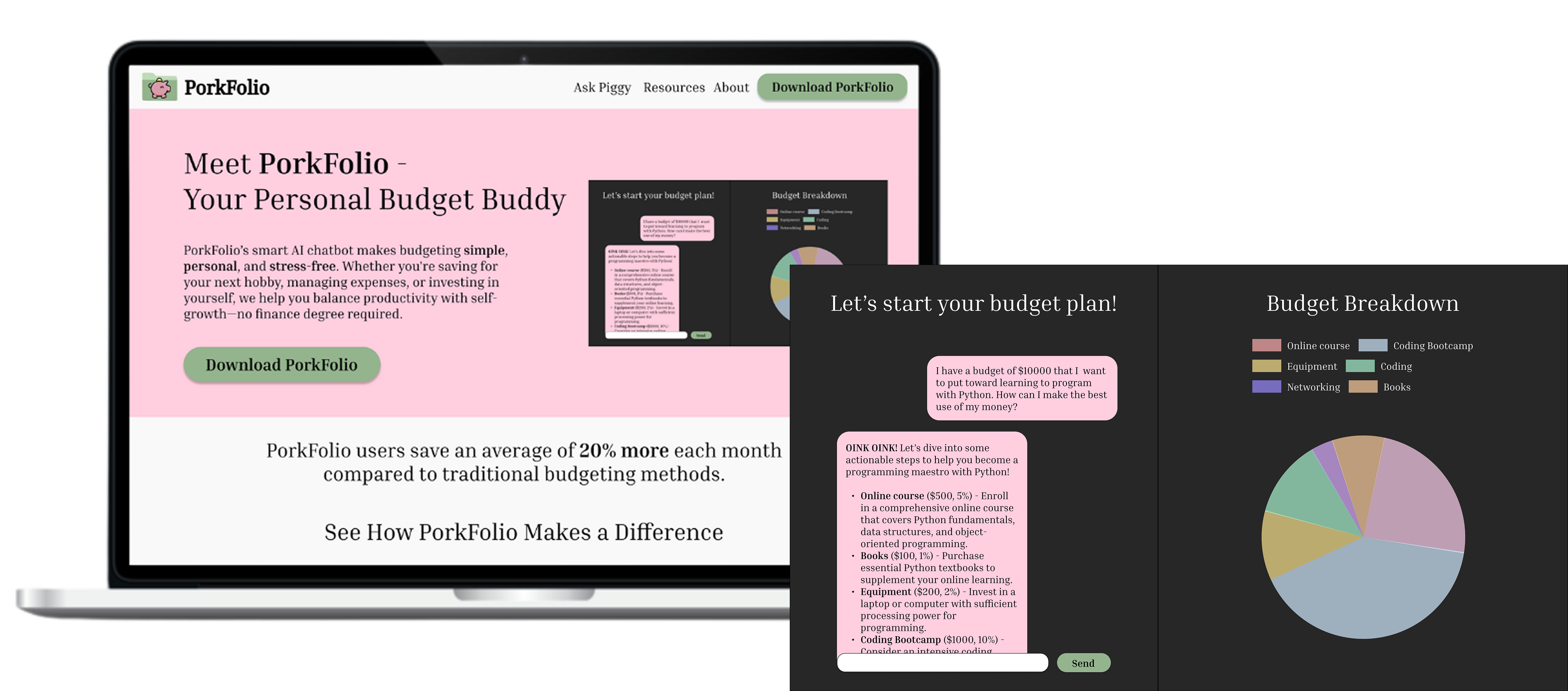 Mockups of the PorkFolio website displayed in a laptop screen and the desktop app interface.