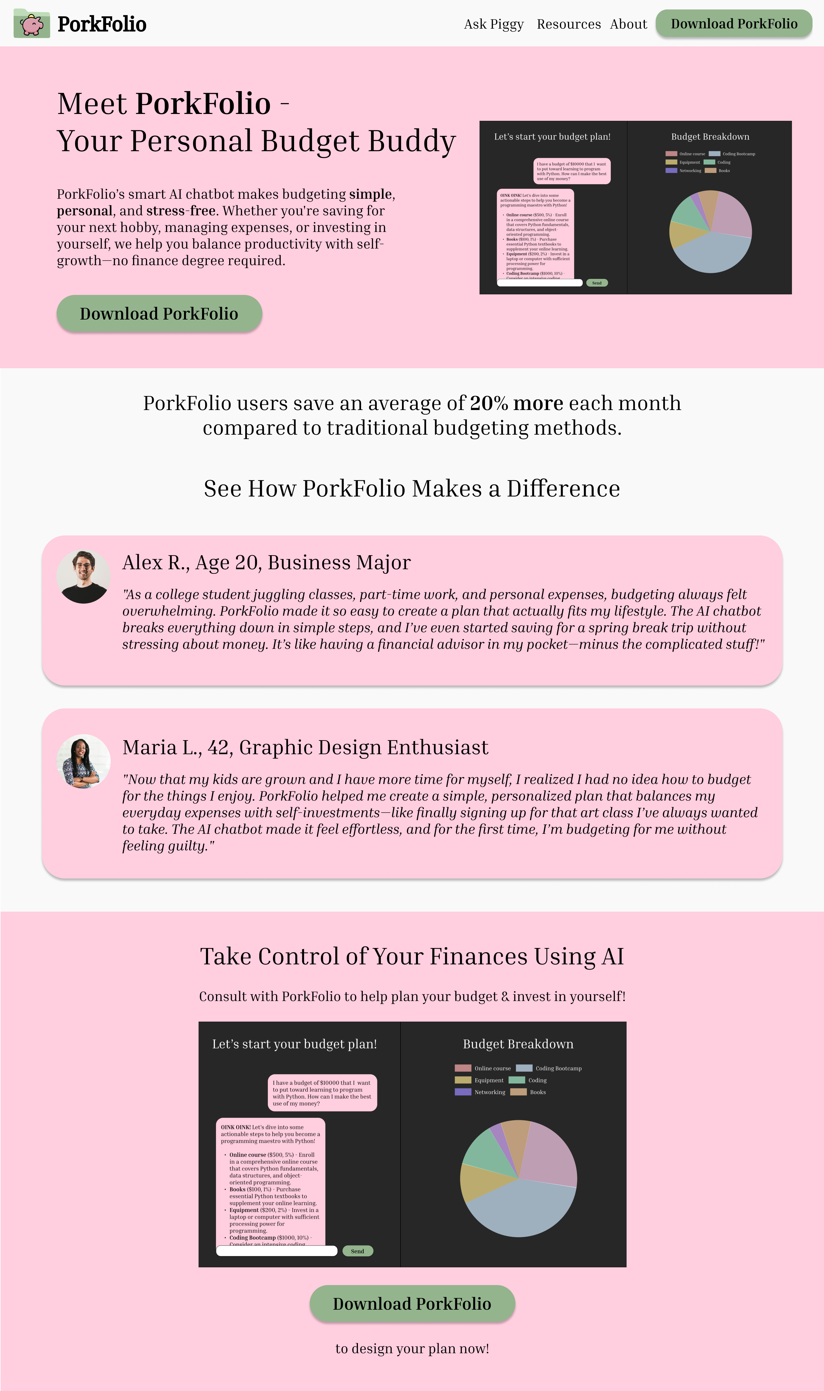 High-fidelity mockup of the PorkFolio website landing page in Figma.