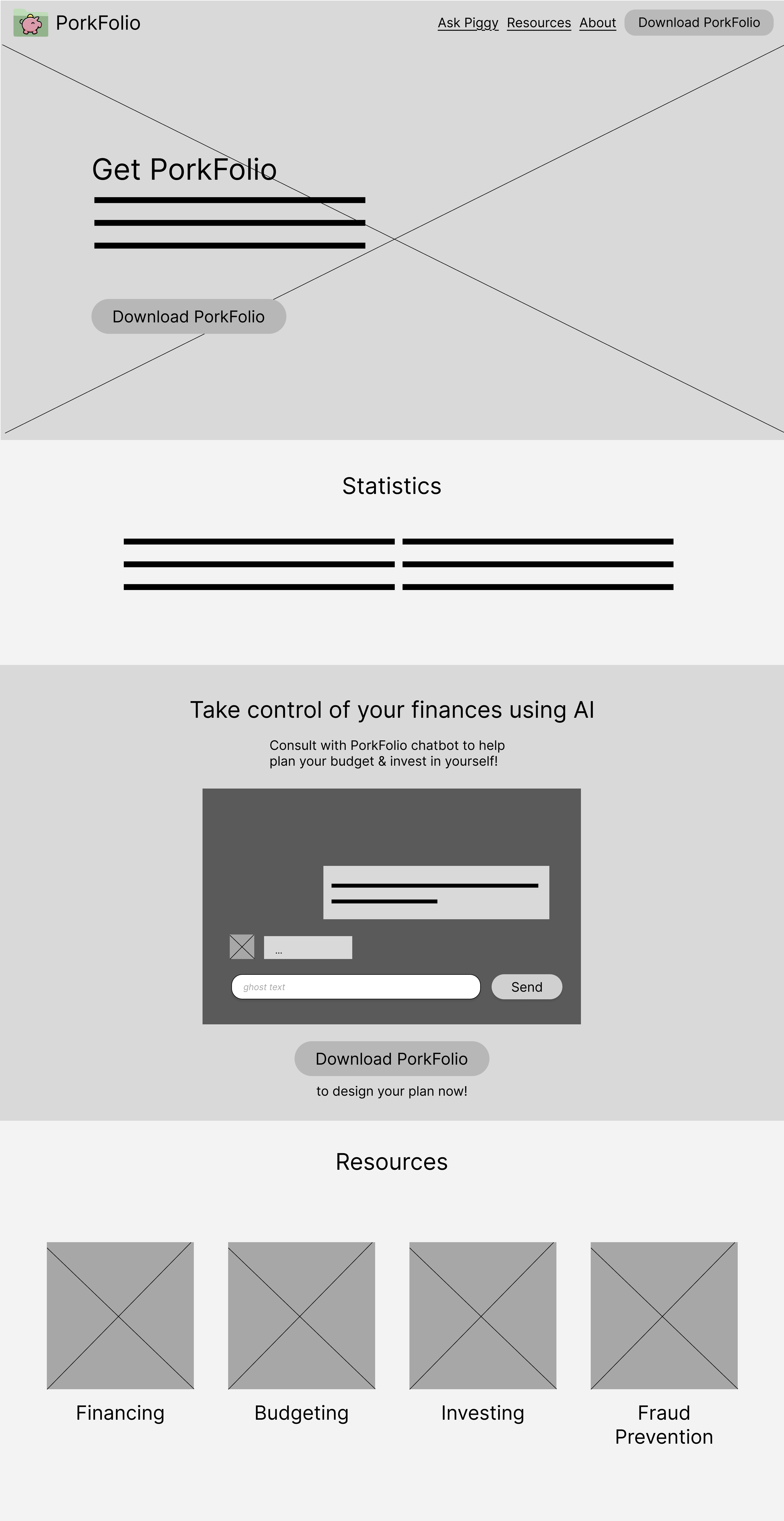 Low-fidelity wireframe of the PorkFolio website landing page in Figma.