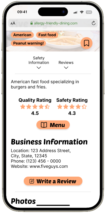 MVP1 business page screen before usability testing feedback iteration