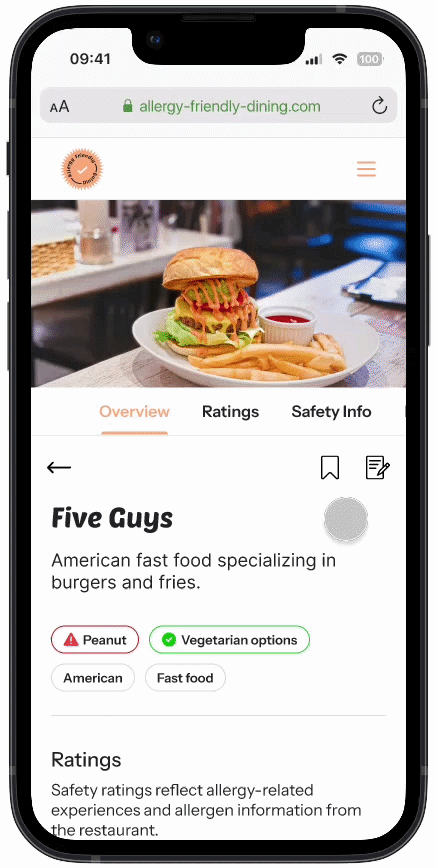 GIF scrolling through an example business page, showing the safety information and reviews sections