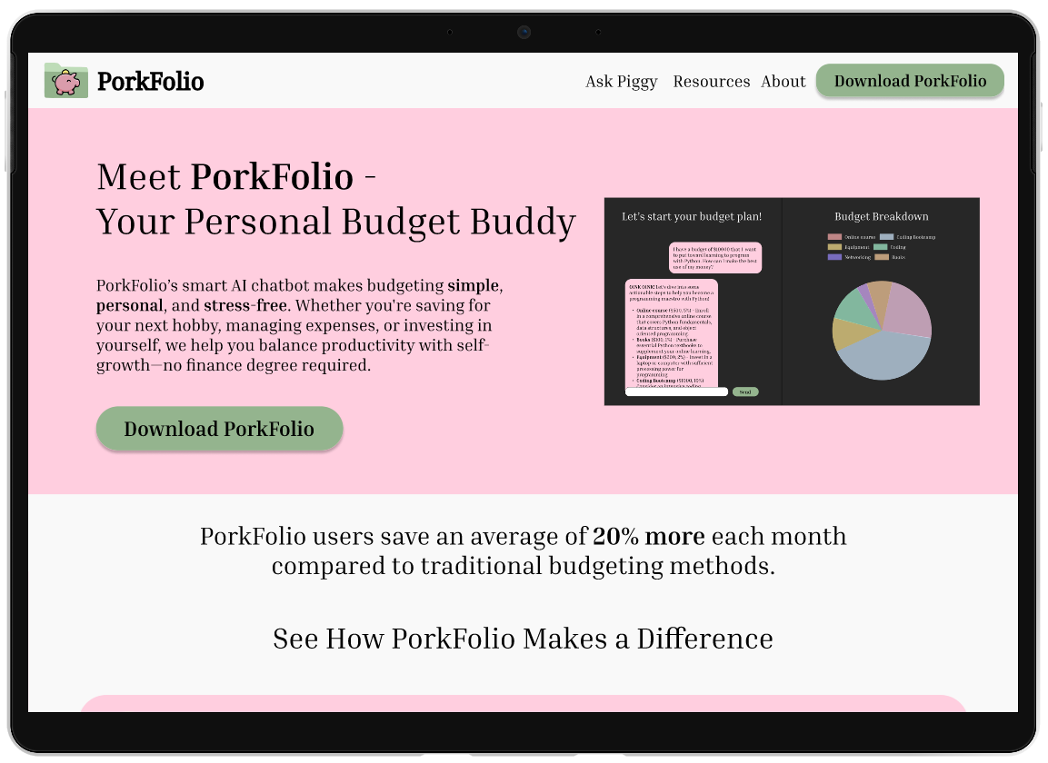 Mockup of the PorkFolio website displayed in a tablet screen.