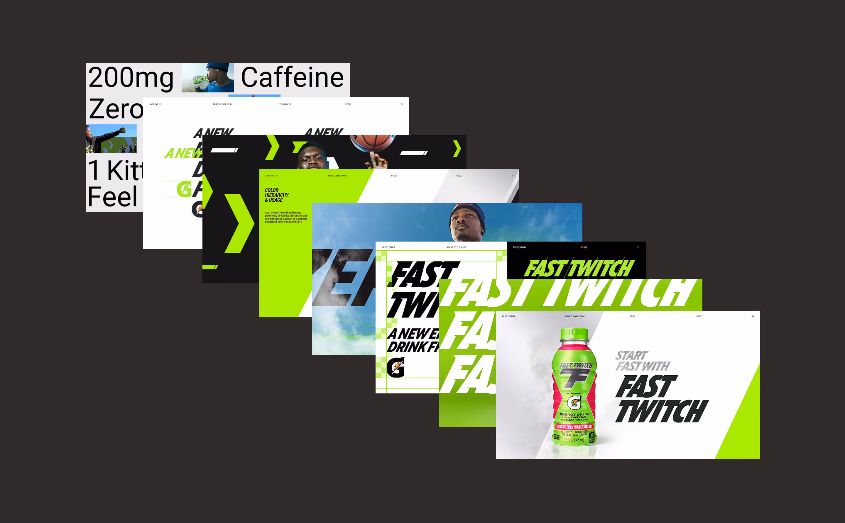 Energy drink branding features fast twitch caffeine and sports marketing elements graphics.