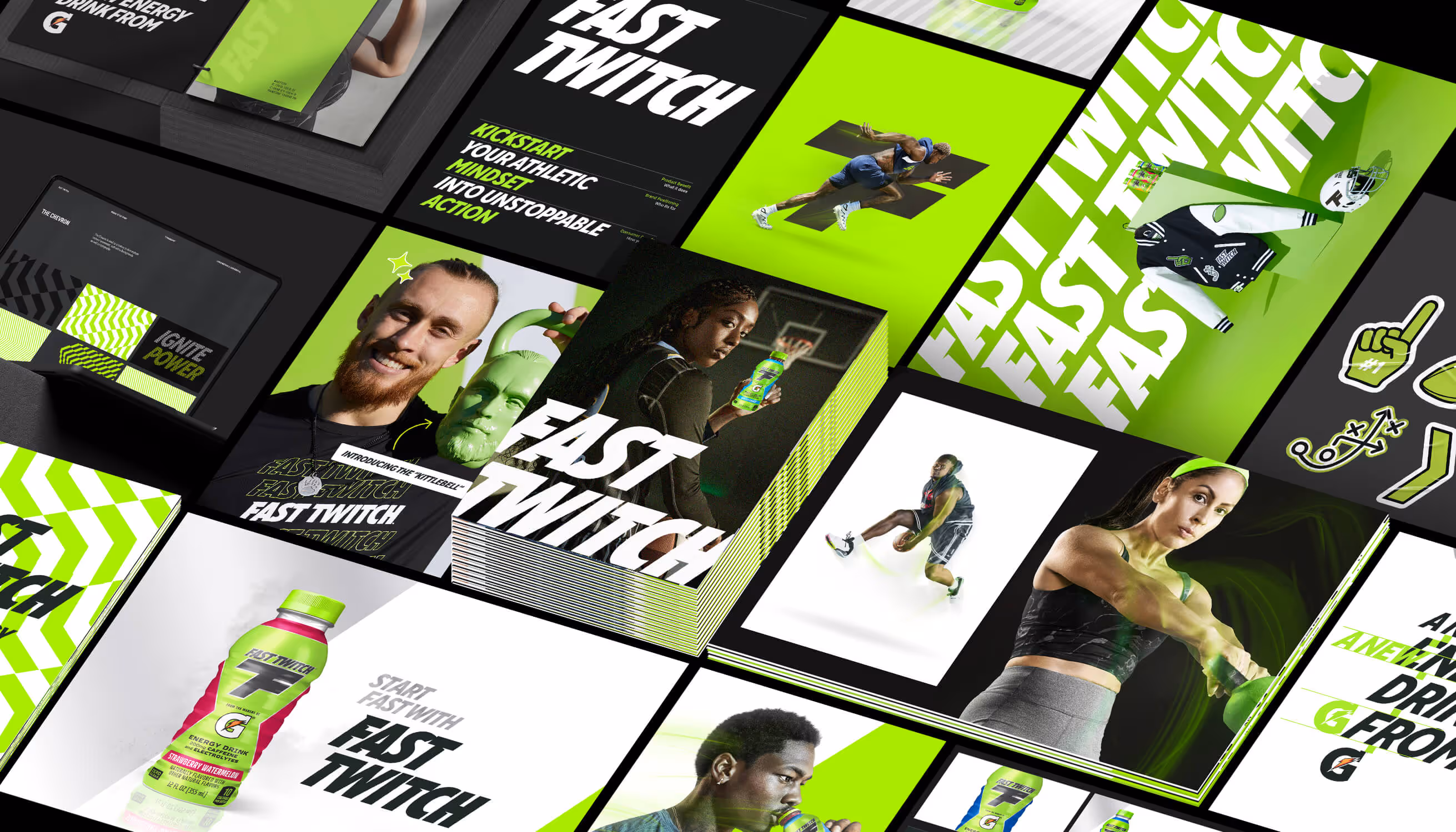 Gatorade Fast Twitch energy drink ads showcasing athletes and bold sports branding elements.