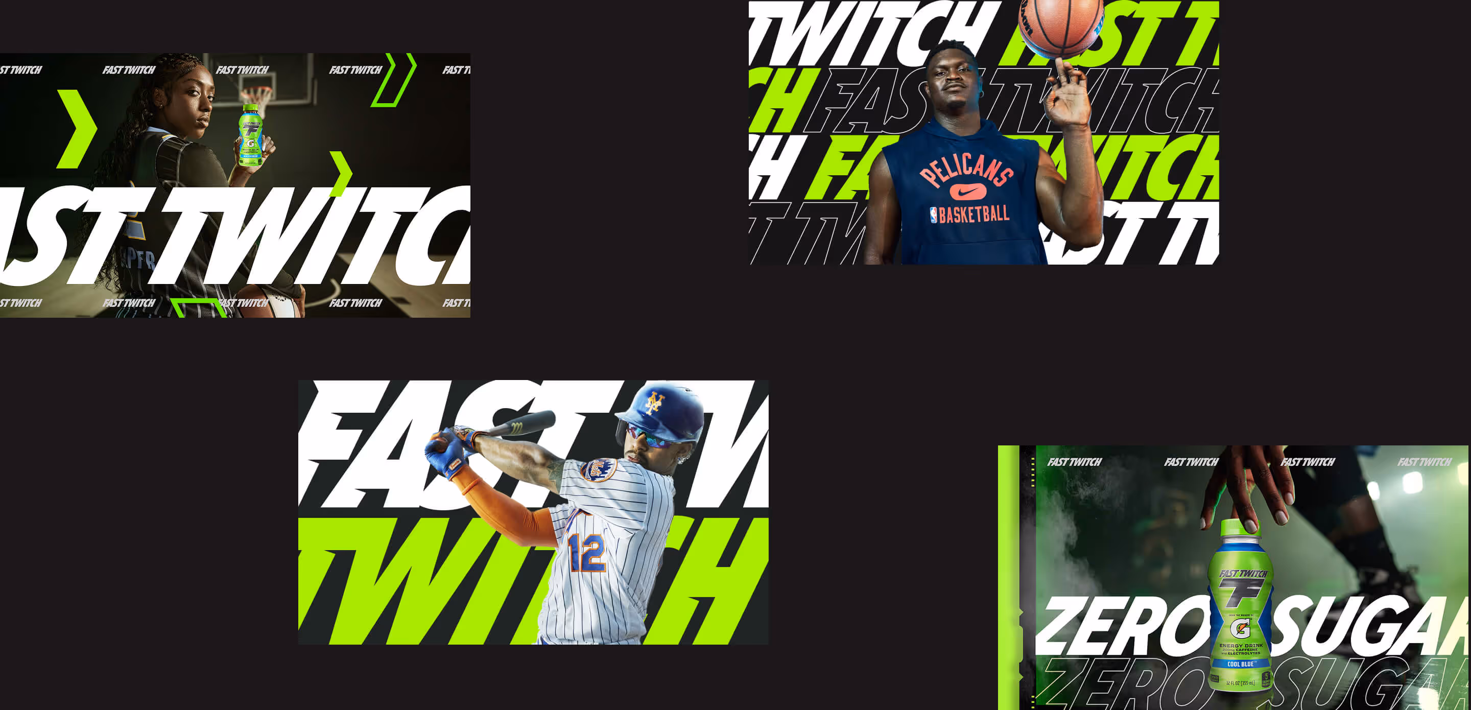 Professional athletes from baseball and basketball teams enjoy Fast Twitch Gatorade and sports equipment together.