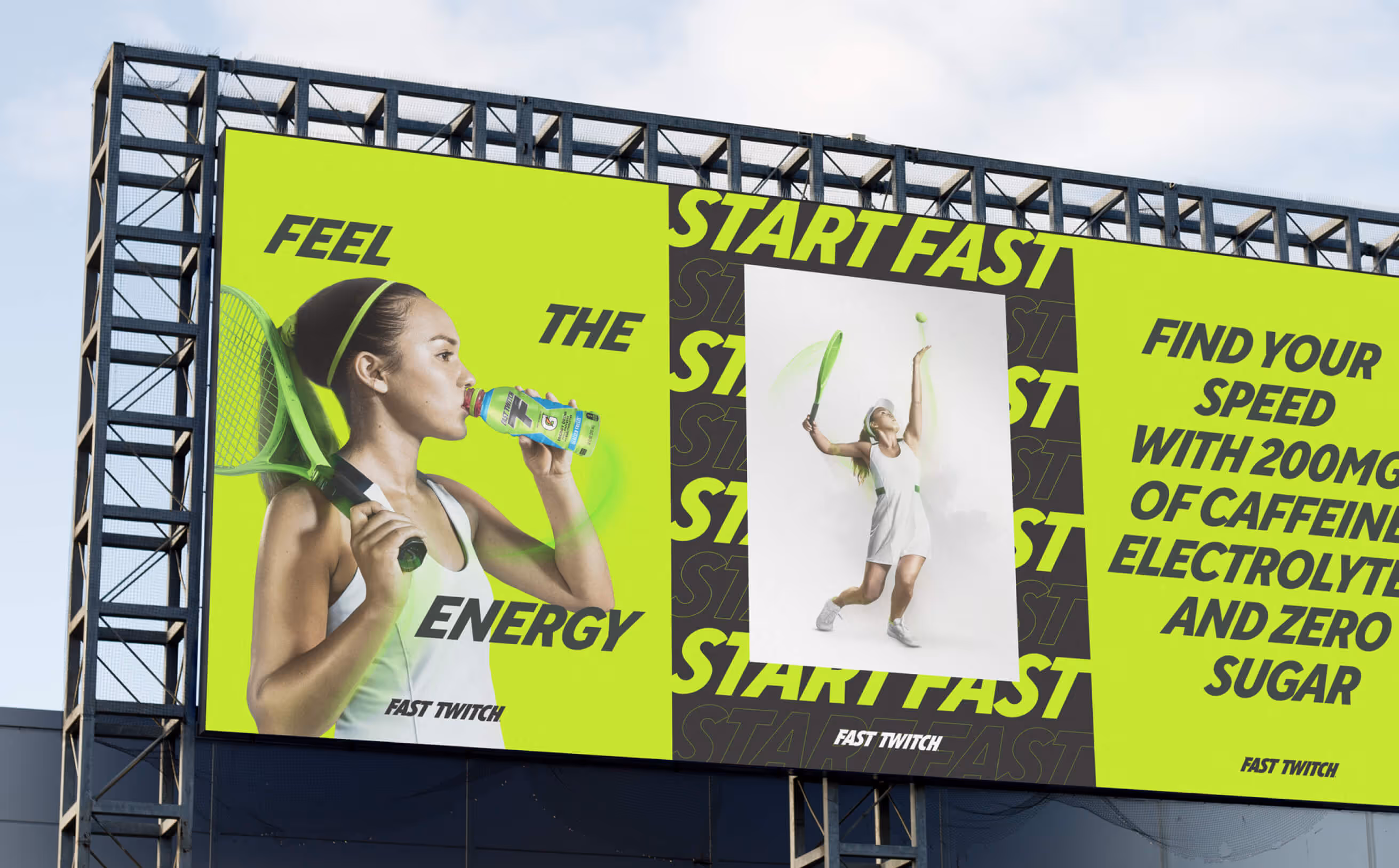 Woman drinking from a bottle while holding a tennis racket outdoor advertisement.