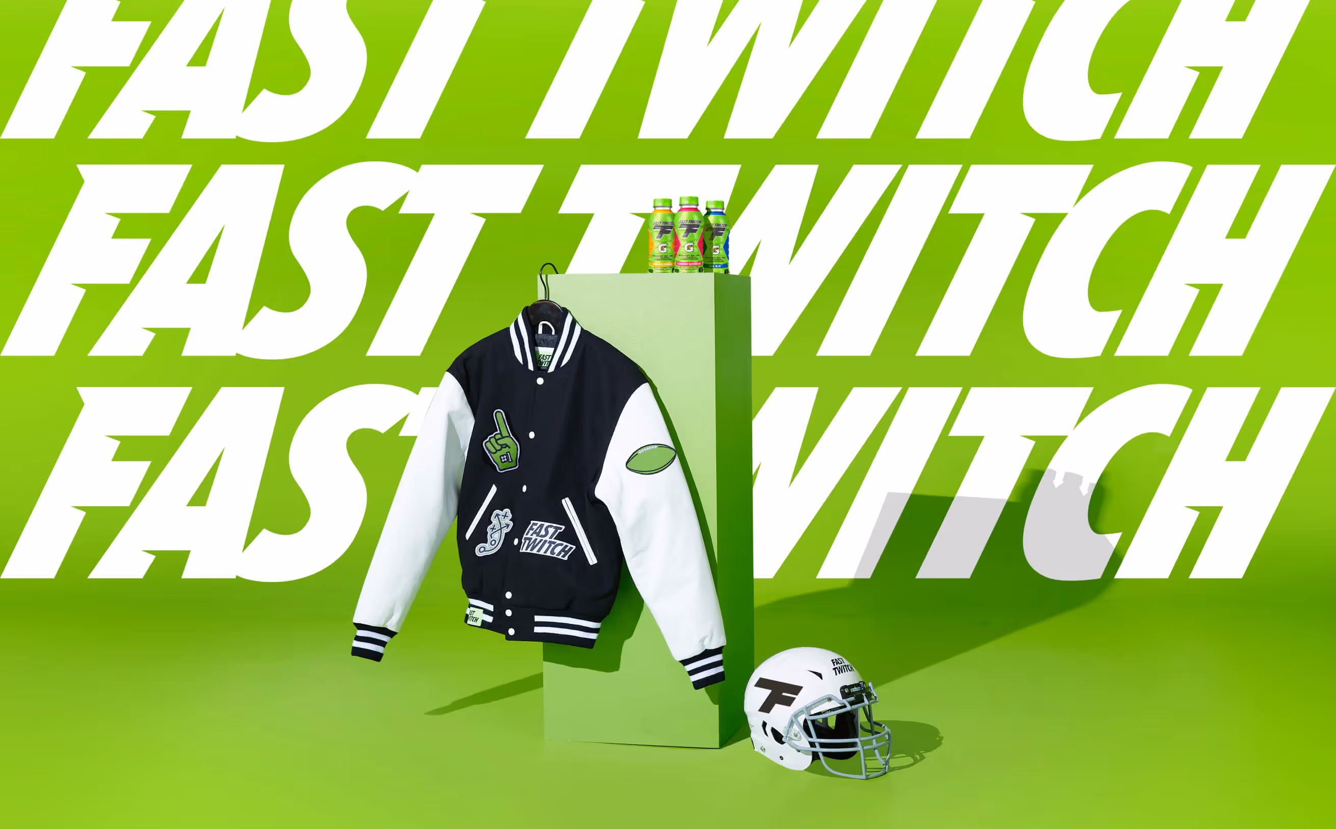 Fast Twitch athletic gear and energy drinks branding on a vibrant green background.