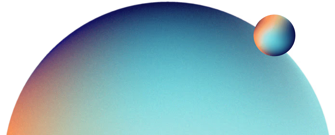 A vibrant blue-orange gradient half circle with a small white sphere background.