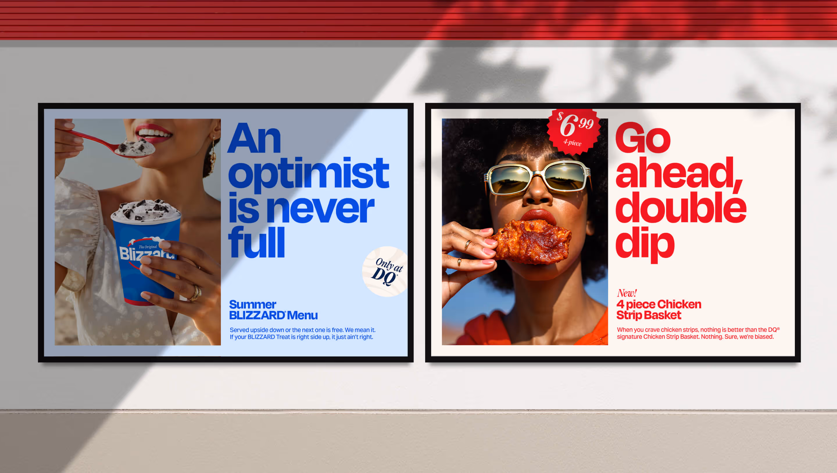 Two side-by-side Dairy Queen ads: left, a smiling woman holding a Blizzard treat with text 'An optimist is never full'; right, a woman wearing sunglasses eating fried chicken with text 'Go ahead, double dip' and a promotion for a 4-piece chicken strip basket.