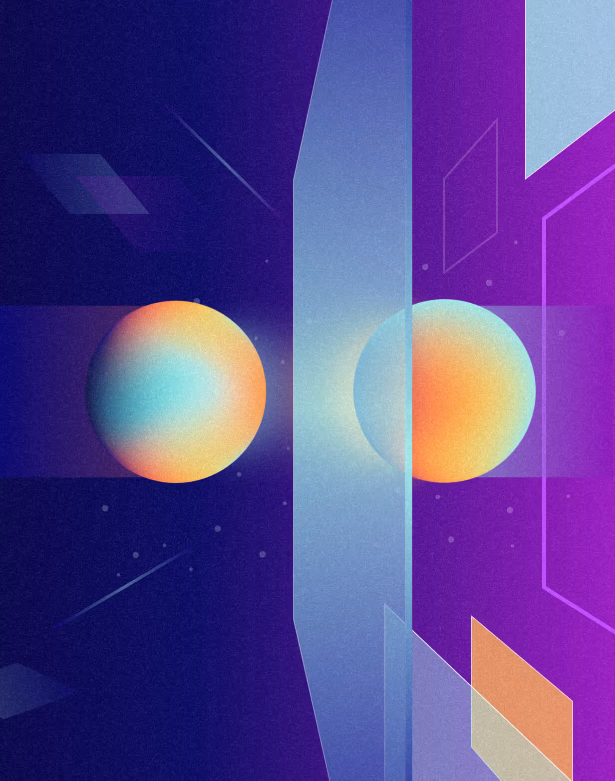 Abstract digital artwork featuring two glowing spherical shapes separated by translucent geometric panels on a deep blue and purple background.