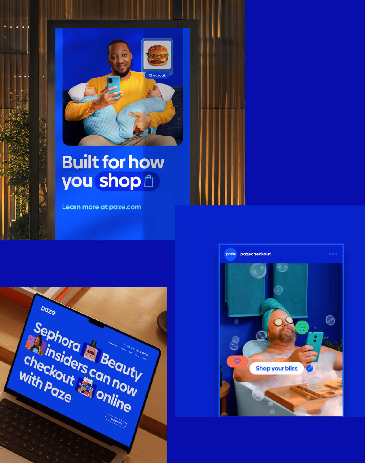 Collage of three images promoting online shopping with Paze: a man holding two babies and a phone with a burger checkout icon, a laptop screen showing Sephora Beauty Insiders online checkout, and a man relaxing in a bubble bath using a phone with 'Shop your bliss' text.