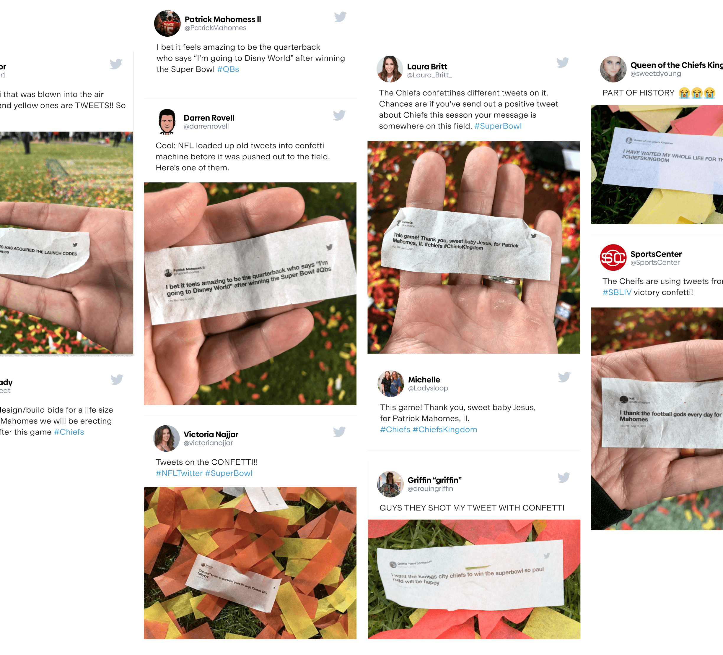 Collage of hands holding confetti strips with printed NFL tweets celebrating the Kansas City Chiefs and Patrick Mahomes' Super Bowl win.