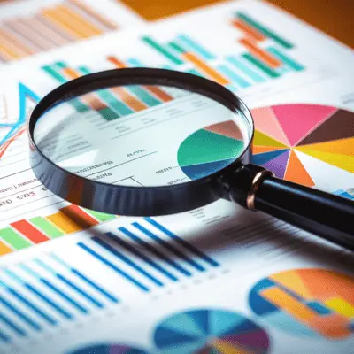 Magnifying glass placed over colorful financial reports, symbolizing analysis, review, and attention to detail.