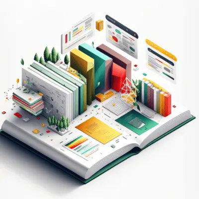 Magnifying glass placed over colorful financial reports, symbolizing analysis, review, and attention to detail.