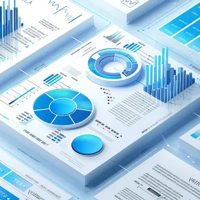 Magnifying glass placed over colorful financial reports, symbolizing analysis, review, and attention to detail.