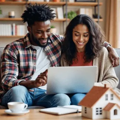 A young couple sits on a couch, using a laptop for pre-purchase home buyer counseling.