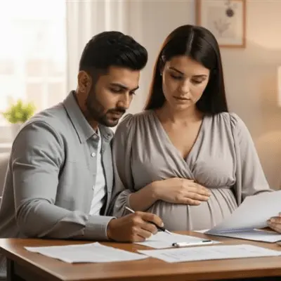 Expecting couple completing paperwork for home buying while receiving pre-purchase counseling at home.
