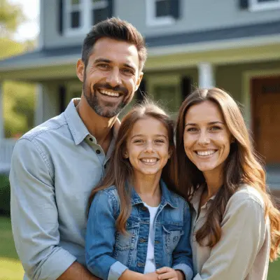 A family joyfully stands in front of their new home after completing pre-purchase home buyer counseling.