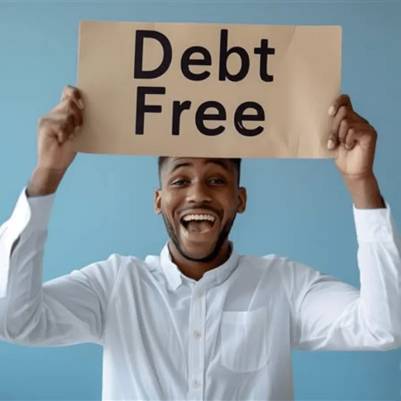 An excited young man holding "debt free" sign illustrating debt freedom after paying off student loans.