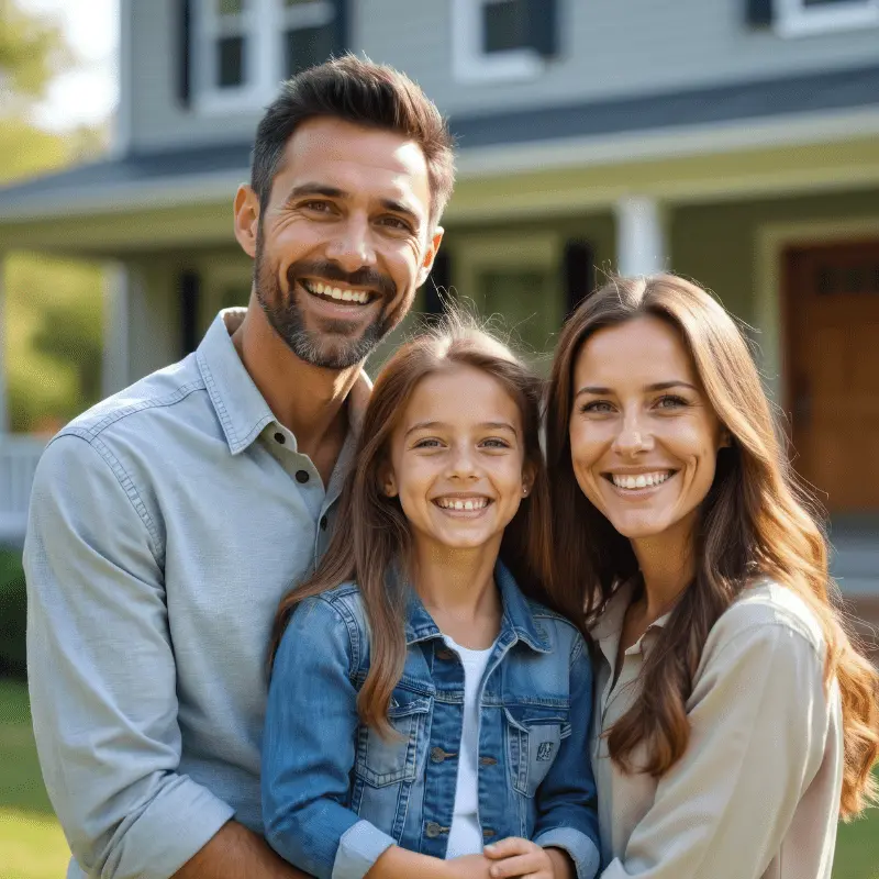 A family joyfully stands in front of their new home after completing pre-purchase home buyer counseling.