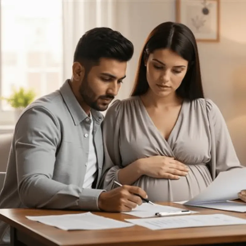 Expecting couple completing paperwork for home buying while receiving pre-purchase counseling at home.