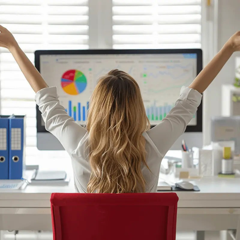 Excited woman celebrating financial progress on computer, showing success in boosting credit with smart money management.